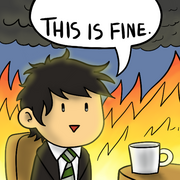 The "This is fine" comic panel, but with Rigel Black.